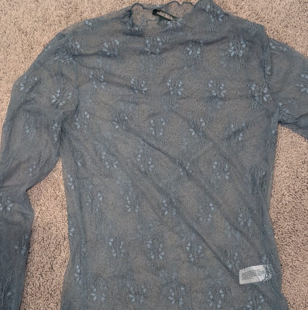 Blue Sheer Floral Mesh Long Sleeve Layering Top Lightweight Free People Wild